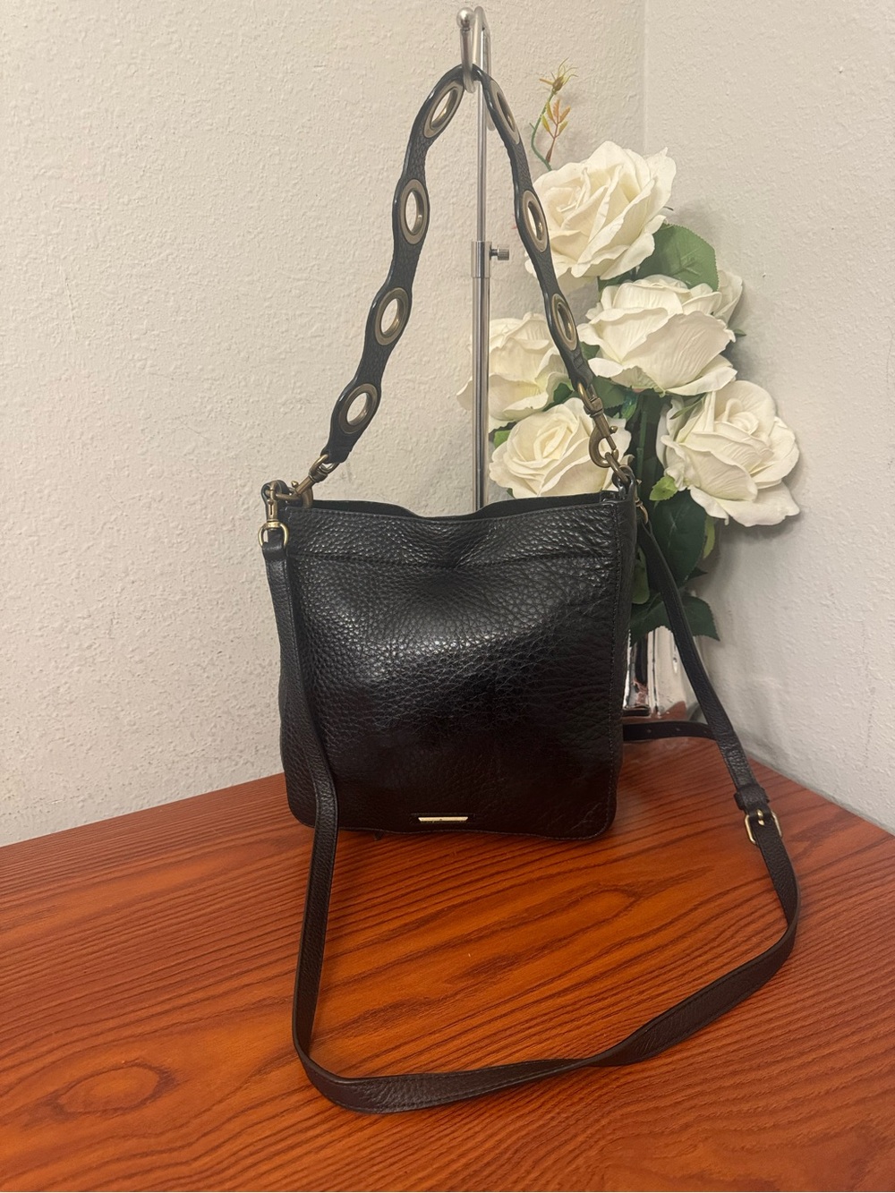 Rebecca Minkoff Black Pebbled Leather Crossbody with Gold Ring Detail - Picture 10 of 13
